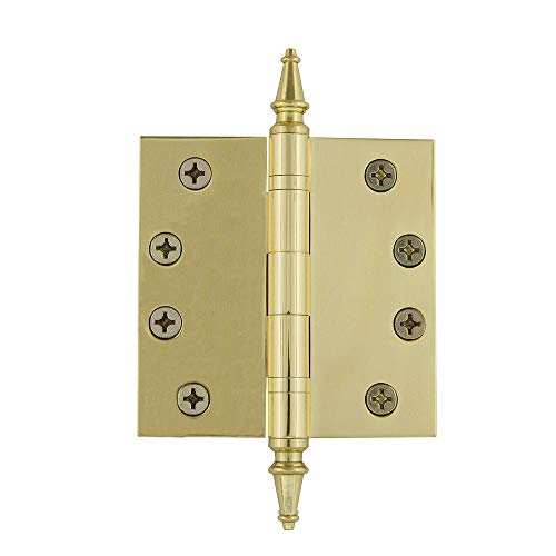Image of Nostalgic Warehouse 746101 4 inch Steeple Tip Heavy Duty Square Corners Door Hinge, Polished Brass