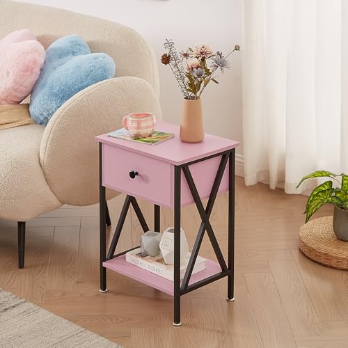 Image of VECELO Nightstand,Modern Bedside End Table, Night Stand with Drawer and Storage Shelf for Living Room Bedroom, Industrial Metal Frame