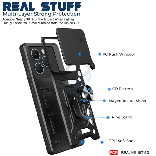 Image of AESTMO Tough Armor Realme 15T 5G Bumper Back Case Cover | Ring Holder & Sliding Camera Shield Cover | 360 Degree Protection Back Case Cover for Realme 15T 5G (Black)