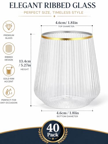 Image of 40 Pack 12oz Ribbed Gold Rim Disposable Wine Glasses, Plastic Cocktail Cup