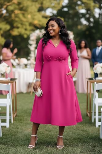 Image of Nmoder Women's Plus Size Stretchy Flared Wrap Dress Casual Wedding Guest Midi Dresses V Neck 3 /4 Sleeve A-Line Swing Dress