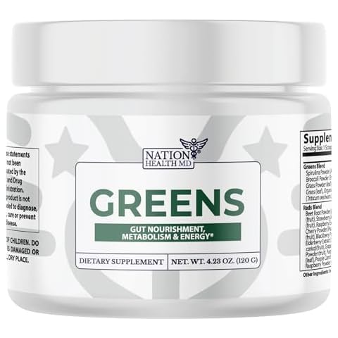 NATION HEALTH MD Greens Superfood Powder - Green Powder Supplement with Spirulina, Probiotics & Digestive Enzymes - 44 Superfoods, Energy, Metabolic Support & Gut Health - 30 Servings Cover
