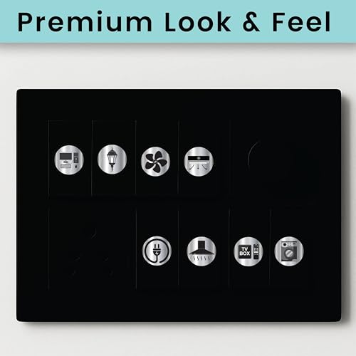 Image of Silver Black Metallic Colour Switch Board Stickers for Home | 330 Labels with 22 Icons for Fan Light AC Fridge | Elegant Electric Switch Stickers for Button Labeling | Modular Switch Panels