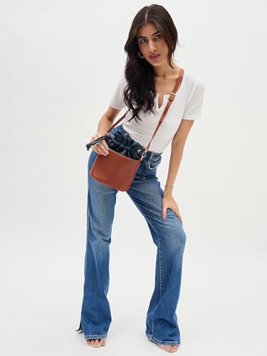 Image of white lily Women's Bucket Bag with Drawstring, Black and Brown Two-Tone, Adjustable Shoulder Strap