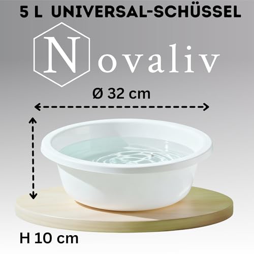 Novaliv Spülschüssel Rund 5L, D32 cm, Weiß, BPA-frei Spülmaschinenfest Ideal für Küche und Camping, Rundschüssel, Runde Plastikschüssel, Waschschüssel, Kunststoffschüssel, Plastic bowl