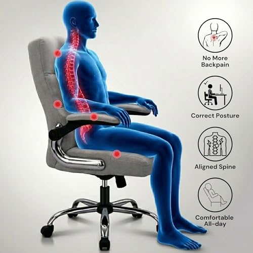 Image of LAKDI Furniture Co Premium Velvet Fabric High Back Office Chair with Adjustable Tilt, Flip-Up Arms, Ergonomic Soft Padding | Executive Boss Chair-111011268-02-Grey 5 Years Warranty & Free Assembly