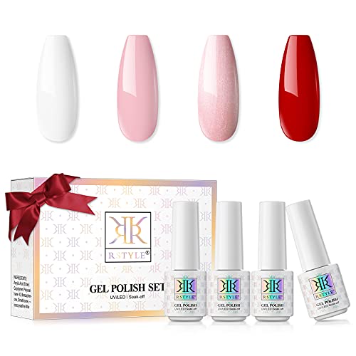 RSTYLE UV Gel Nail Polish Set, 4 Colors Glitter Light Pink Red Gel Nail Polish Kit UV/LED Manicure Nail Starter Kit with Gift Box for Nail Art Design DIY At Home 5ML Tiny Bottle