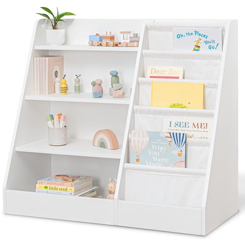 Comfy Cubs Kids Bookshelf 35.2 x 15.7 x 31.5 Inches - Sturdy Plywood Montessori Book Shelf with Soft & Hard Shelves for Toys & Books - Child-Friendly, Easy Access Storage Organizer for Kids - White