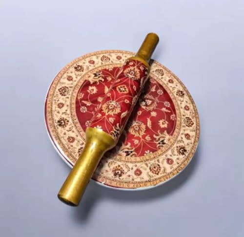 Image of Modern Floral Design Marble Chakla Wooden Belan | Printed 10 Inch Enamel Roti Maker with Belan | Heavy Duty Non-Slip Chakla for Roti, Chapati, Paratha |Kitchen Rolling Board (1 Set) (2.RED Gold)