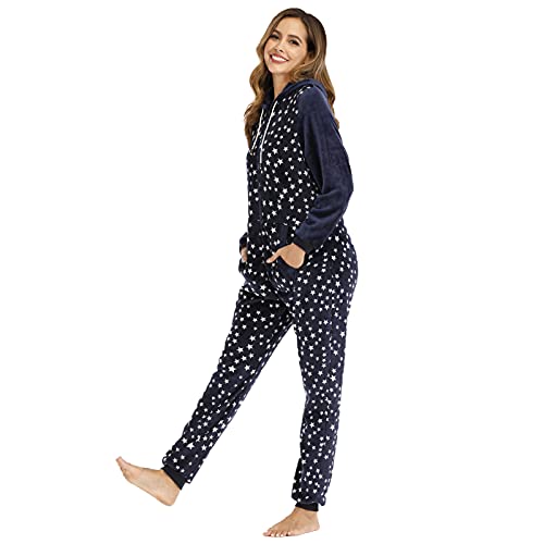 Beokeuioe Combinaison douillette pour femme - Combinaison d'hiver chaude - Pyjama pour adulte - En polaire - Combinaison tout over the sky star imprimée en flanelle - Pyjama une pièce, A1 Marine., XL Cover