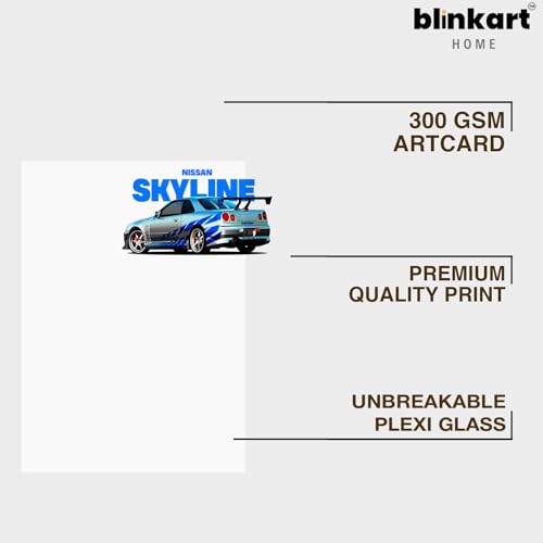 Image of BLINKART Nissan Skyline GT-R (R34) CarFramed Posters Gift Items Boys Room Wall Decoration Bedroom Office Studio Synthetic Wood Frame & Acrylic Glass Ready to Hang - 12x8 Inch, (A4 Size) - CAR-264