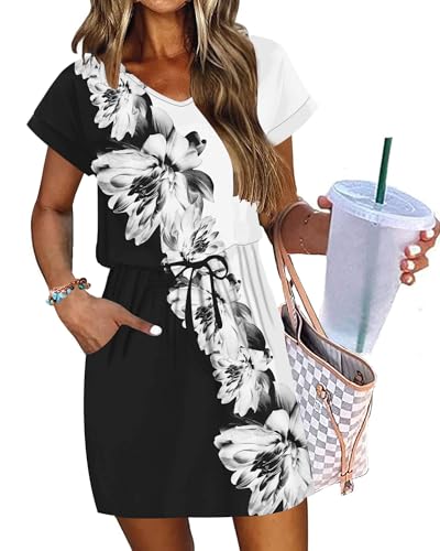 Image of AUSELILY Womens Summer Mini Dress, Short Sleeve V Neck Drawstring Casual | Soft smooth drape with an adjustable drawstring waist for beach, casual outings and daily wear