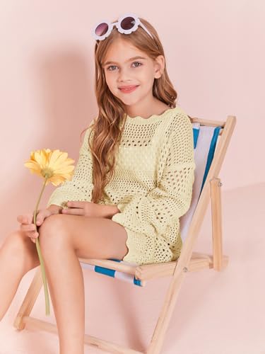 Image of Batermoon Girls Crochet Long Sleeve Swimsuit Cover Up Kids Fashion Hollow Out Swimwear Beach Dress 5-14 Years