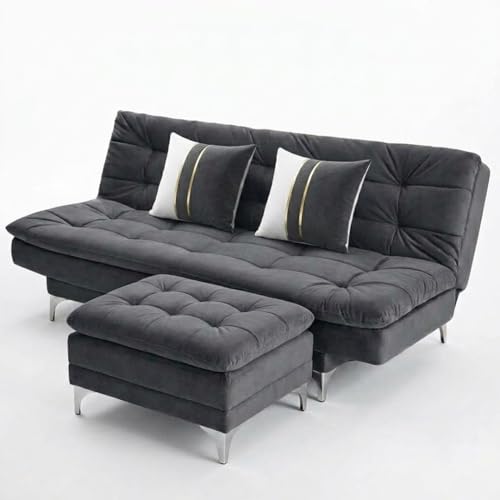 Image of Sparrow 3 Seater Fabric Click-Clack Sofa Cum Bed with Ottoman (Dark Gray) | Premium Soft Velvet | Plush Comfort Cushions | Modern Living Room Sofa | Spacious Comfortable Seating