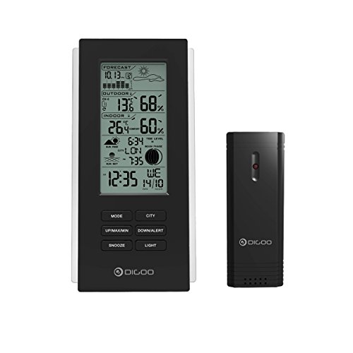 DIGOO 3 Channels Switchable Weather Station, Outdoor Temperature and Frost Clock Alert Function, Barometer Forecast Thermometer with USB Outdoor Sensor, Black