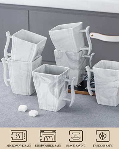 Malacasa Square Dinner Plates Bundle With Coffee Mugs Set Of 6, Modern Porcelain Serving Plate And Coffee Cups Marble Grey, Dishwasher Safe, Series Flora #TOP6