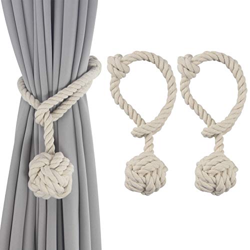 Porlau 2 Pack Handmade Cotton Rope Curtain Tiebacks Rope Knot Ball Decorative Tie Backs Holdbacks Home Accessories for Curtains, Living Room, Office Window Drapries No Tools Needed- Beige