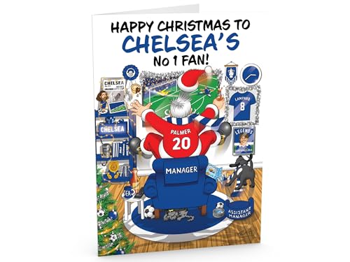 Football Christmas Card for Chelsea Fans – Santa Jumping Out of Chair to Support Team – Funny Rear of Card Showing Rudolph Supporting Rival Club – Large A5 – Made in UK