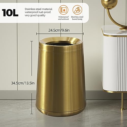 Image of 10L /2.6GAL Brushed Gold Trash Can,Stainless Steel Trash Can,Conical Garbage Can with Top Opening,Gold Garbage Can for Bathroom,Bedroom,Hotel,Kitchen,RV