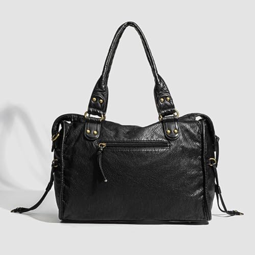 Women Leather Retro Shoulder Bag with Pockets, Soft Washed Leather Tote Bag, Vintage Y2K Summer Hobo Bag, Handle Bag for Work4