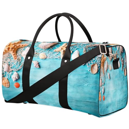 Travel Duffle Bag Starfish Wood Blue Texture Sports Gym Bags for Women Men Weekender Overnight Bags Waterproof Carry On Tote Bag Workout Bag for Dance Swimming Yoga Hospital