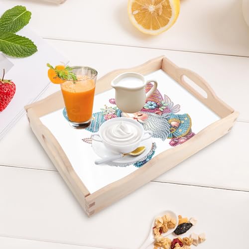 Image of DIY Diamond Art Tray with Handle Diamond Art Painting Plate Creative Design Handmade Wooden Tray Mosaic Making Kits by Number Kits Diamond Art for Coffee Living Room Home Organizer (Nice Kiss)