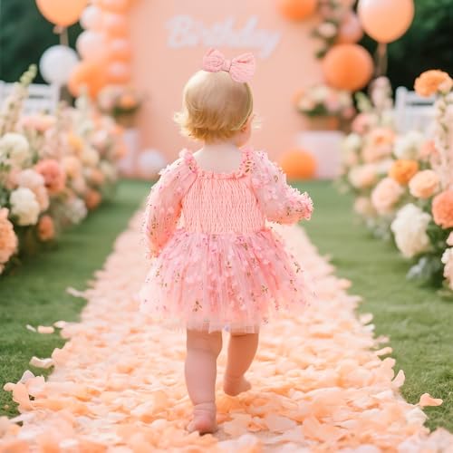UNICOMIDEA Baby Girl 1st Birthday Outfit One Year Old Birthday Clothes Toddler Long Sleeve Tulle Romper Dress3