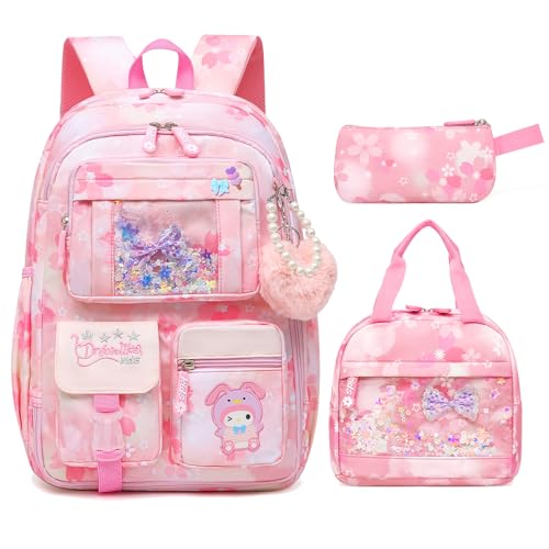 Lovely Girls Backpack School Bag for Students Kids Book Bag with Multiple Pockets Splash-proof Childrens Backpack17inch Set Pink