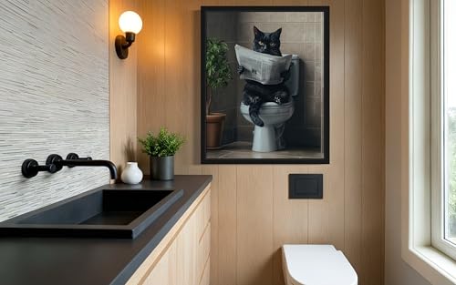 Image of Cat Black on Toilet Wall Art Print Poster, Dog Bathroom Humor Decor Posters Prints for Restroom Home Picture Painting Artwork Gallery 7 (Cat Black, 14 inchL x 11 inchW, Black Frame)