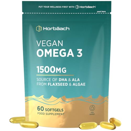 Vegan Omega 3 1500mg | DHA from Algae & Flaxseed Oil | High Strength ALA DHA and EPA | 60 Softgel Capsules | By Horbaach
