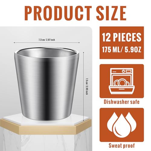 Amyhill 12 Pieces Stainless Steel Cups Double Wall Tumbler Glasses Stackable Metal Drinking Cups Insulated Drinking Glasses Reusable Camping Mugs for Home Camping RV BBQ Office Party(Silver,5.9 oz)