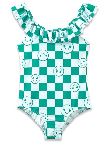 Image of Dvenki Toddler Girls One Piece Swimsuit Adjustable Straps Sizes 2T-10 | quick-dry swim fabric, skin-friendly, ruffle neckline, leopard, check, mermaid prints, swimwear for beach, pool, summer party