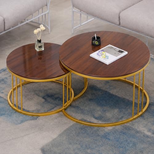 Image of Coffee Table Round Sofa Small Side Table Nesting Table, Modern Negotiation Table Combination Table, Suitable for Living Room Bedroom Side Table (Golden Brown)