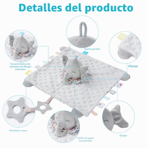 Miniatura 4 de Vicloon Manta De Seguridad Para Bebés,28x28cm Mantita De Apego Bebé De Muñeca Elefante,Toalla Para Bebés Toalla De Saliva Con Mordedor De Silicona Y Etiqueta De Colores