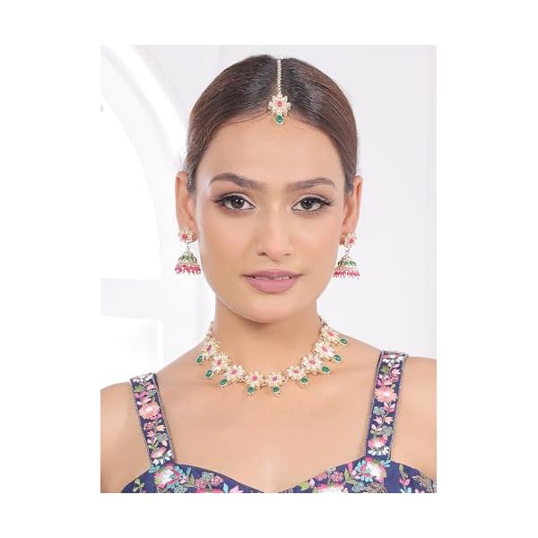 IIJ Flower-Shaped Kundan Choker Necklace | Red-Green Ruby Layer Jhumki Earrings Design | Maang Tikka for Wedding Events Jewellery Set Accessories for Women and Girls - Image 3