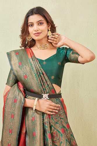 Image of Women's Banarasi Silk Saree with Rich Pallu, Jacquard Zari Weaving Work & Unstitched Blouse Piece, Traditional Ethnic for Wedding, Party & Festive Occasion