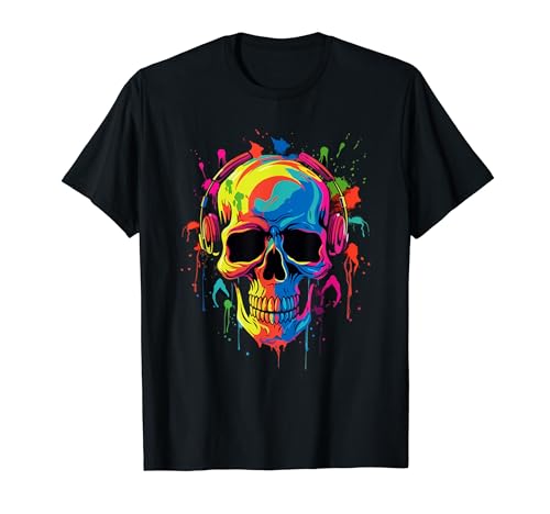Totenkopf Bunt Kopfhörer 80er Retro farbenfroh Farbspritzer T-Shirt