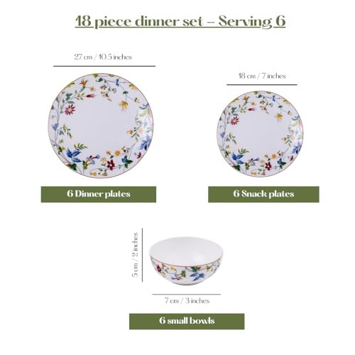 Image of GOLDEN QUEEN'S 18 Piece Dinner Set - Serving 6 | Perfect for Hosting and Daily Meals | Microwave Safe | Includes 6 Dinner Plates, 6 Small Bowls & 6 Side Plates - Summer Florals