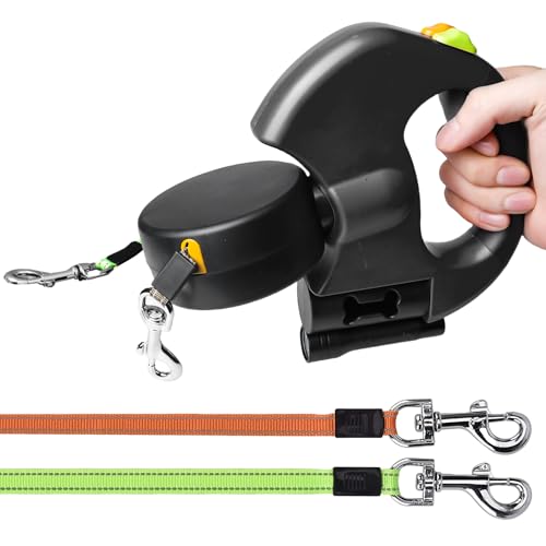 Behogan Doppelte Hundeleine Ausziehbar, 300cm Rollleine, Einziehbare Leine mit Licht, Doppelleine für 2 Hunde, nachts reflektierend, Schwarz