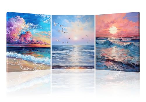 PIY PAINTING Stampe su tela Paesaggio marino, Gabbiani, Pittura a olio Onde del mare, Cielo Colorato Quadri su tela con cornice, decorazione Murale per Soggiorno Camera da letto 3Pannelli 30x40cm