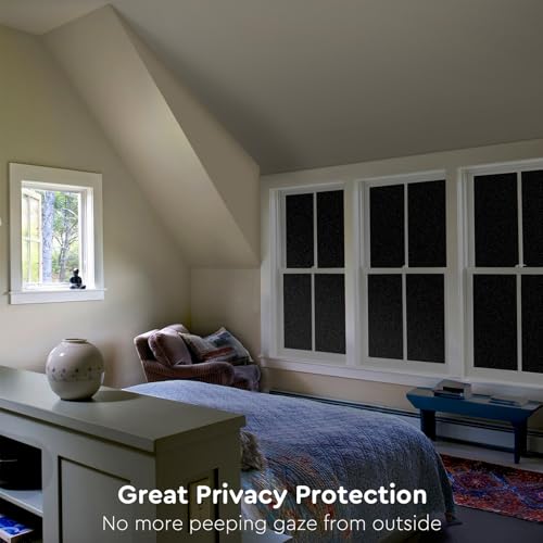 Kromapolis Blackout Window Privacy Film Total Light Blocking Room Darkening Window Covering, Removable Static Cling Frosted Glass Tint, Non-Adhesive, Black 17.5'' x 118.1''