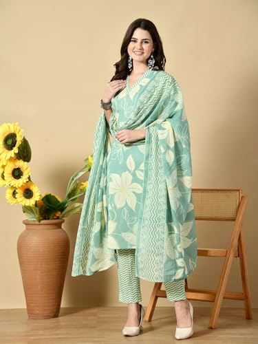 Image of Amazon Brand - Tavasya Women Cotton Anarkali Kurta Pant Dupatta Set | Printed Ethnic Suit Set | Flared Anarkali Kurta with Pant & Dupatta | Festive & Casual Wear