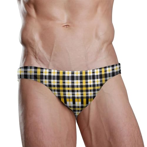 Yellow Black Buffalo Plaid Swim Briefs for Men Swimsuit Bikini Swimwear S A1119192