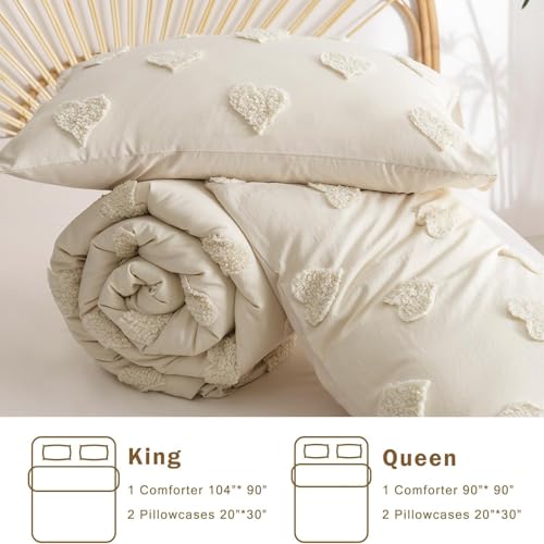 Image of Tufted Comforter Set Queen Size Beige Heart Tufted Comforter Boho Hearts Tufted Bed Set 3 Pieces Shabby Chic Embroidery Soft Jacquard Bedding for All Seasons with 2 Pillowshams