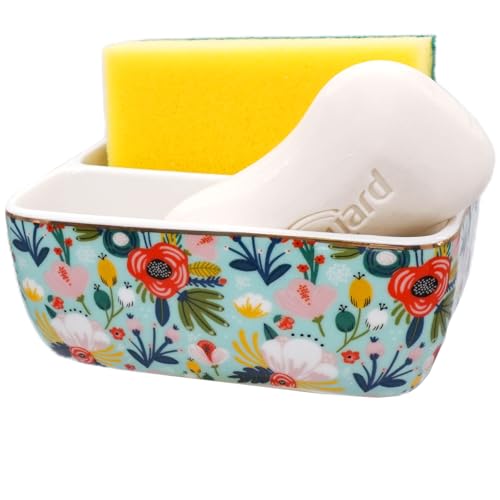 HOMSUN 2 Compartments Ceramic Sponge Holder for Kitchen Sink, Cute Floral Pattern Countertop Dish Sponges Holder Soap Sink Organizer Caddy Farmhouse Home Kitchen Decor Mint Flowers