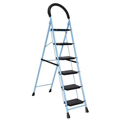 Image of FLIPZON Premium Foldable 6-Step Foldable Ladder - Anti-Slip, Heavy-Duty Design for Indoor & Outdoor Use (Iron Ladder, Black & Sky Blue)