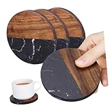 DECOMELODY 4 Piezas Posavasos Redondos de Resina con Madera y Mármol Negro Aislantes de Calor y Antideslizantes para Mesa de Comedor Decoración Rústica y Protecctora para Bebidas