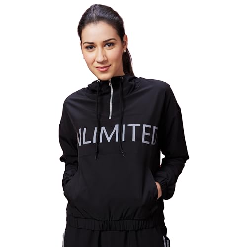 Image of Globus Women Black Typography Print Long Sleeves Hooded Bomber Jacket-3640090001