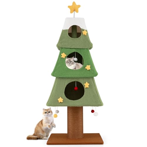 COSTWAY Cat Tree Christmas Tree Shape Cats Tower with Condos Scratching Post/Board Dangling Balls Multi-Level Kitten Activity Trees for Indoor Cats (160cm Tall)