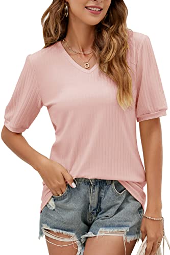 FCSONU Camiseta de verano para mujer, cuello en V, manga corta, estilo informal, túnica, Rosa., S Cover